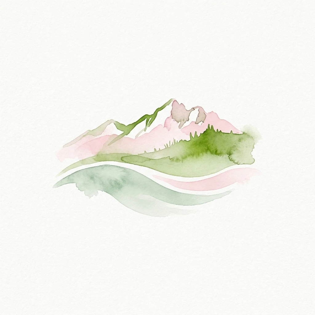 Ilustración en acuarela de una cordillera con tonos verdes y rosas reflejándose en una masa de agua