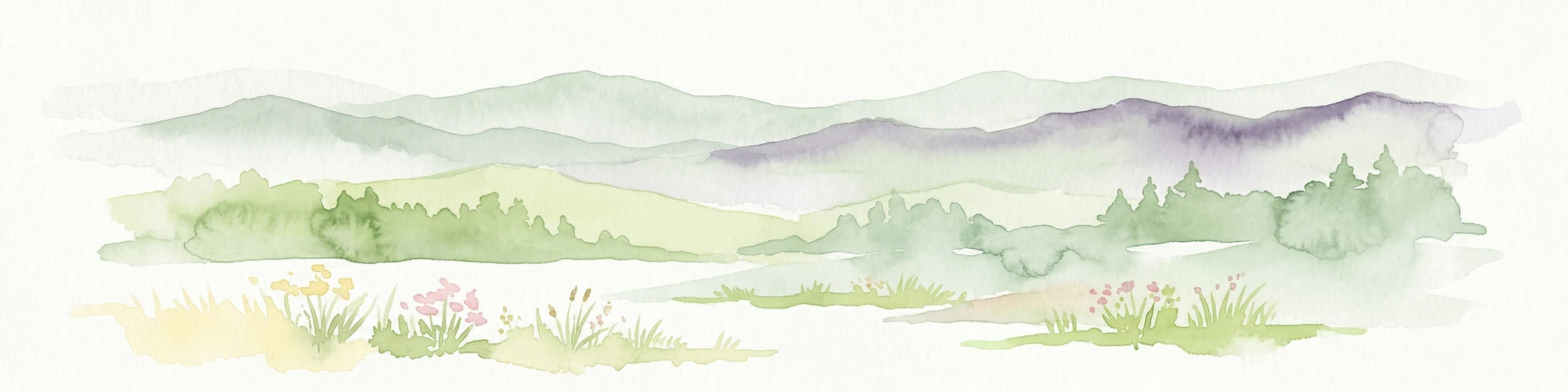 Pintura en acuarela de colinas onduladas, bosques y flores silvestres en un paisaje