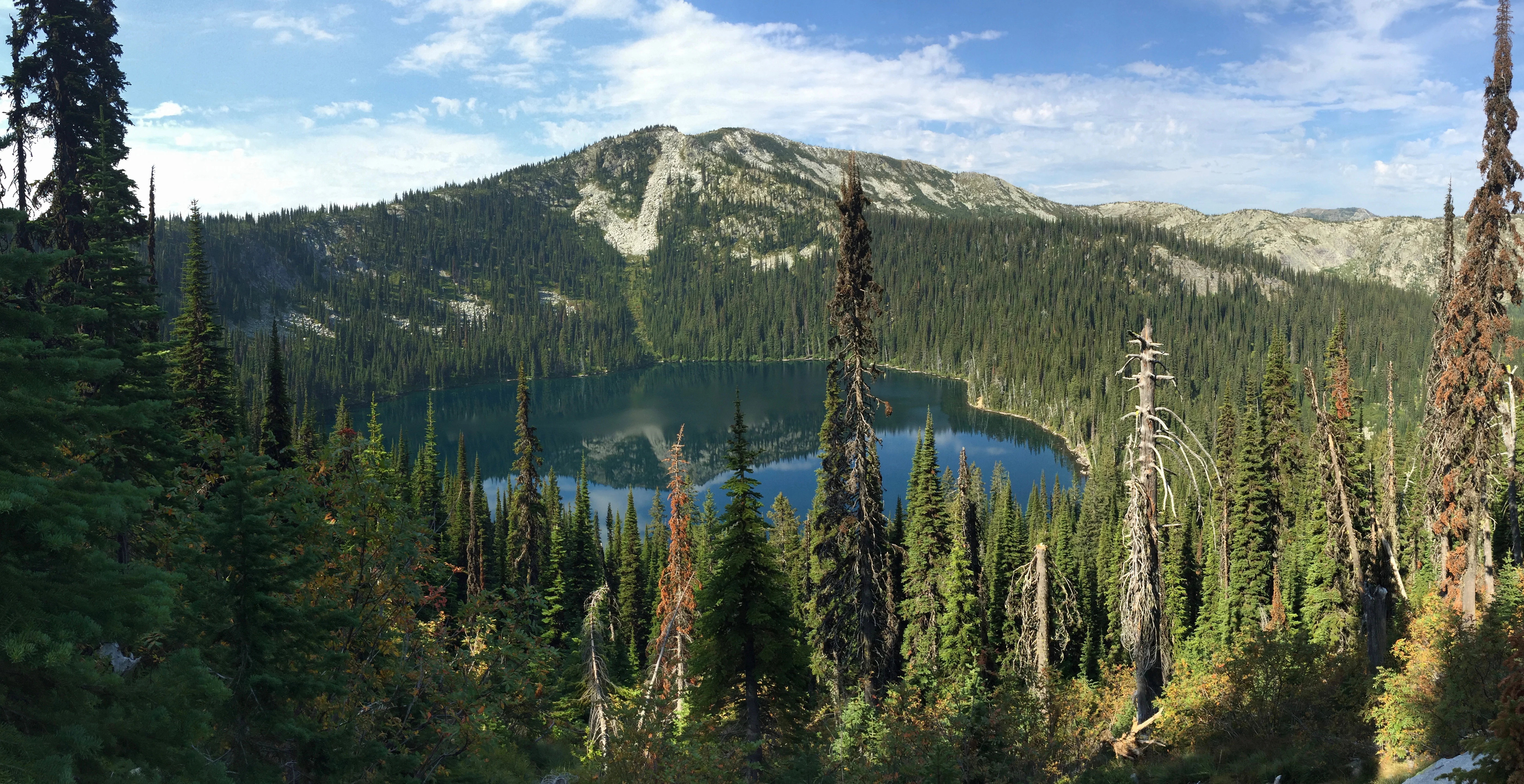 A panoramic mountain lake view surrounded by dense coniferous forest and a mountain peak in the distance.