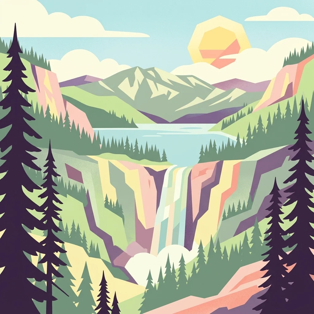 Una ilustración digital de un paisaje montañoso con una cascada que fluye desde un lago, enmarcado por árboles de hoja perenne estilizados bajo un sol estilizado.