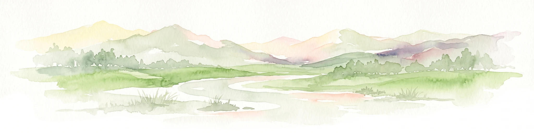 A soft, horizontal watercolor painting depicting a winding river through a grassy valley with distant, rolling mountains under a light sky.