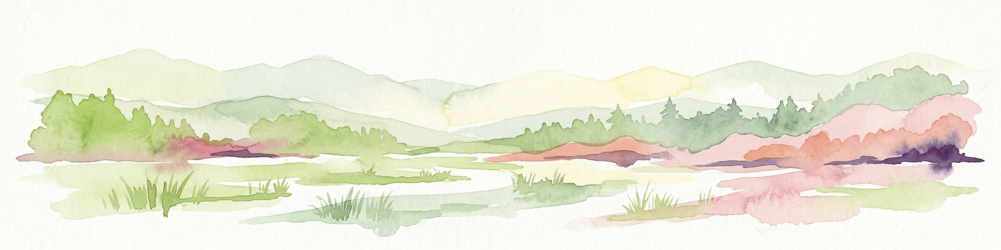 Representación en acuarela de un paisaje con marismas, masas de agua y montañas distantes
