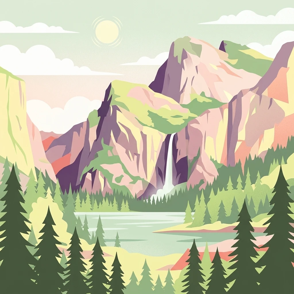Una ilustración que muestra una cadena montañosa con una cascada que fluye hacia un lago, rodeada de un bosque de coníferas bajo un sol suave.