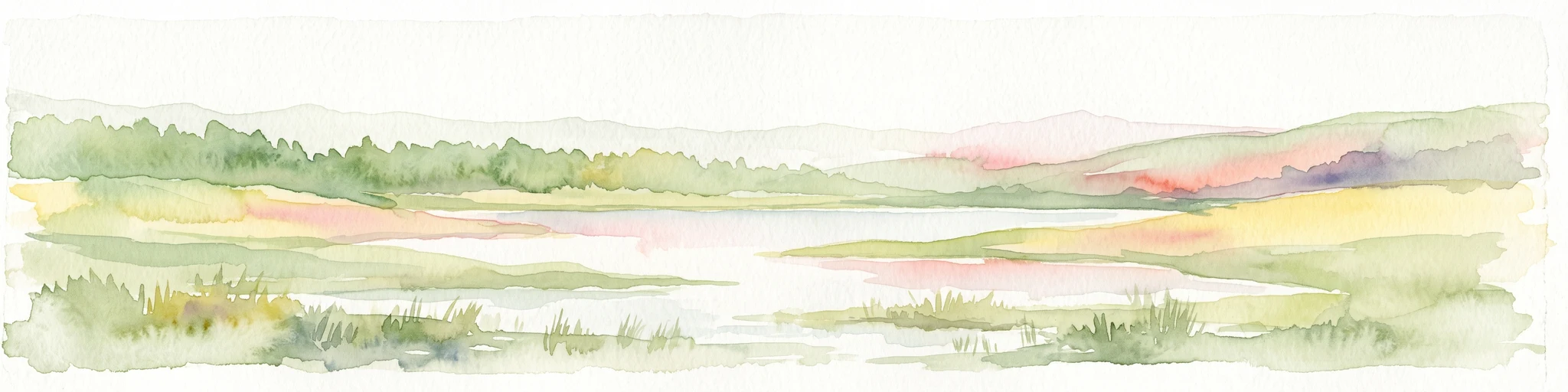 A watercolor landscape painting of a calm, shallow body of water surrounded by grassy, low-lying shores and soft, distant hills under a pale, white sky.