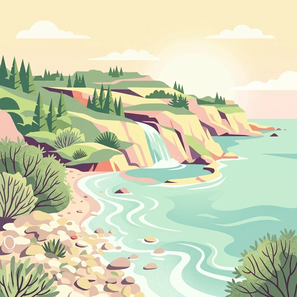 A flat-style digital illustration depicting a rocky coastline with a small waterfall flowing into the ocean, set against a soft sunset sky.