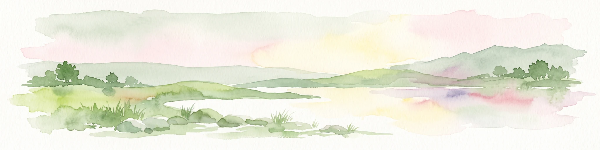A watercolor painting showing a soft landscape with green rolling hills, low vegetation, and a calm water surface against a pastel sky.