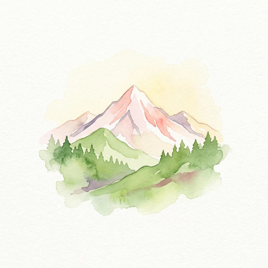 Watercolor painting of a mountain range with green forests and a pink-tinged peak under a light yellow sky
