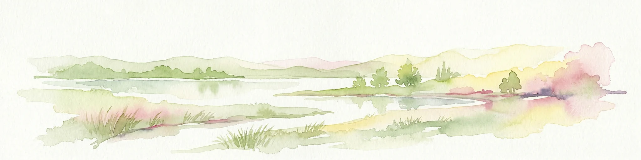 Pintura de acuarela de un río, colinas y árboles con tonos rosados y amarillos en el cielo