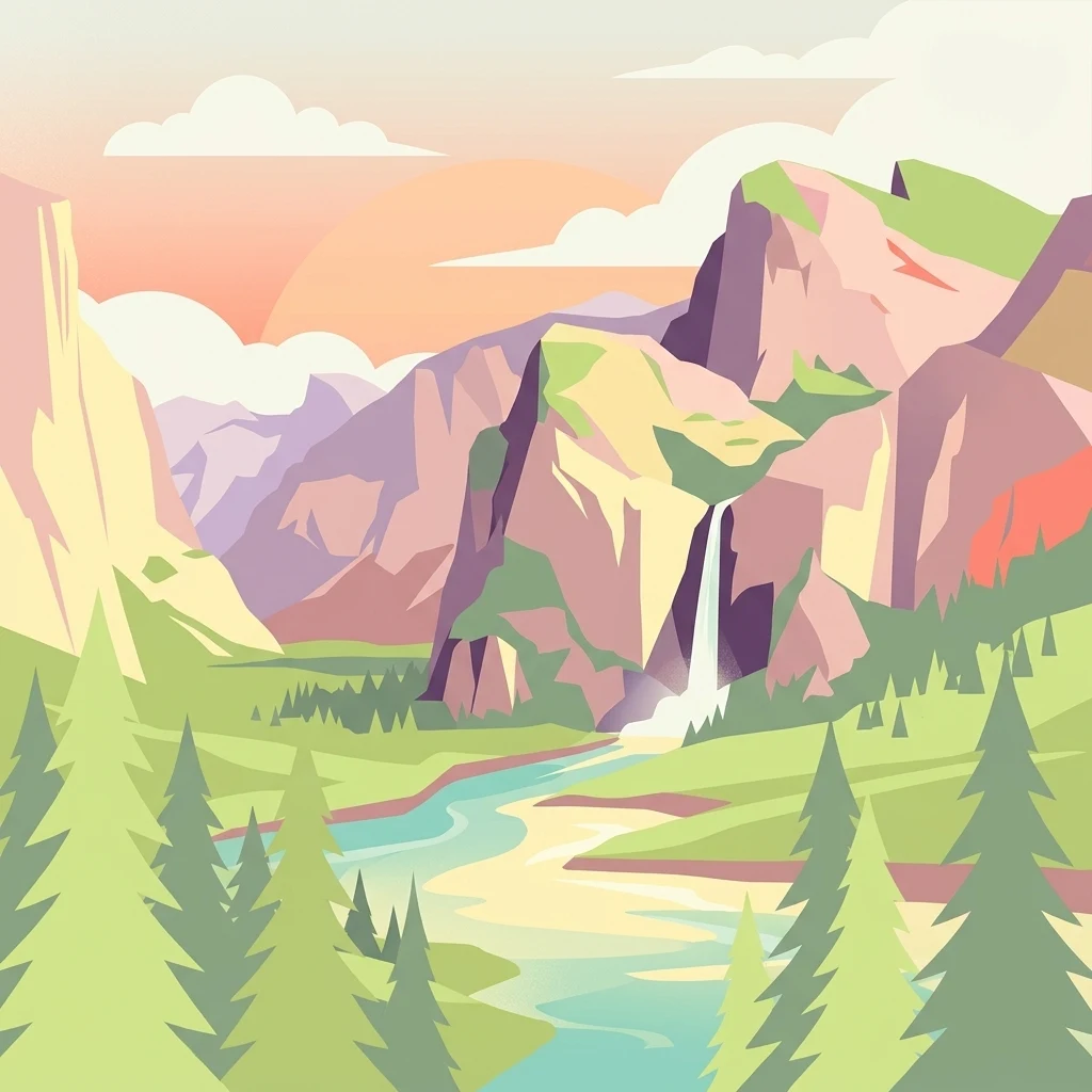 A flat, minimalist vector-style illustration of a dramatic mountain valley landscape featuring a waterfall cascading down a cliff into a river, framed by evergreen trees in the foreground.