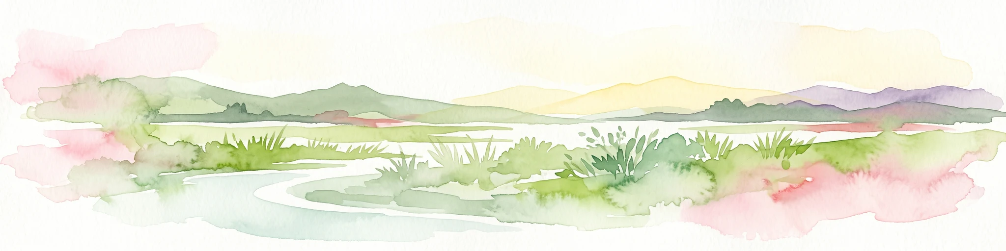 A horizontal watercolor painting showing green coastal vegetation, a small waterway, and distant hills under a soft sky.