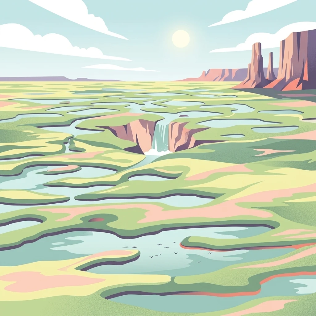 A stylized digital illustration of a wetland landscape with pools of water, a small waterfall, and rocky plateaus in the distance under a bright sun.
