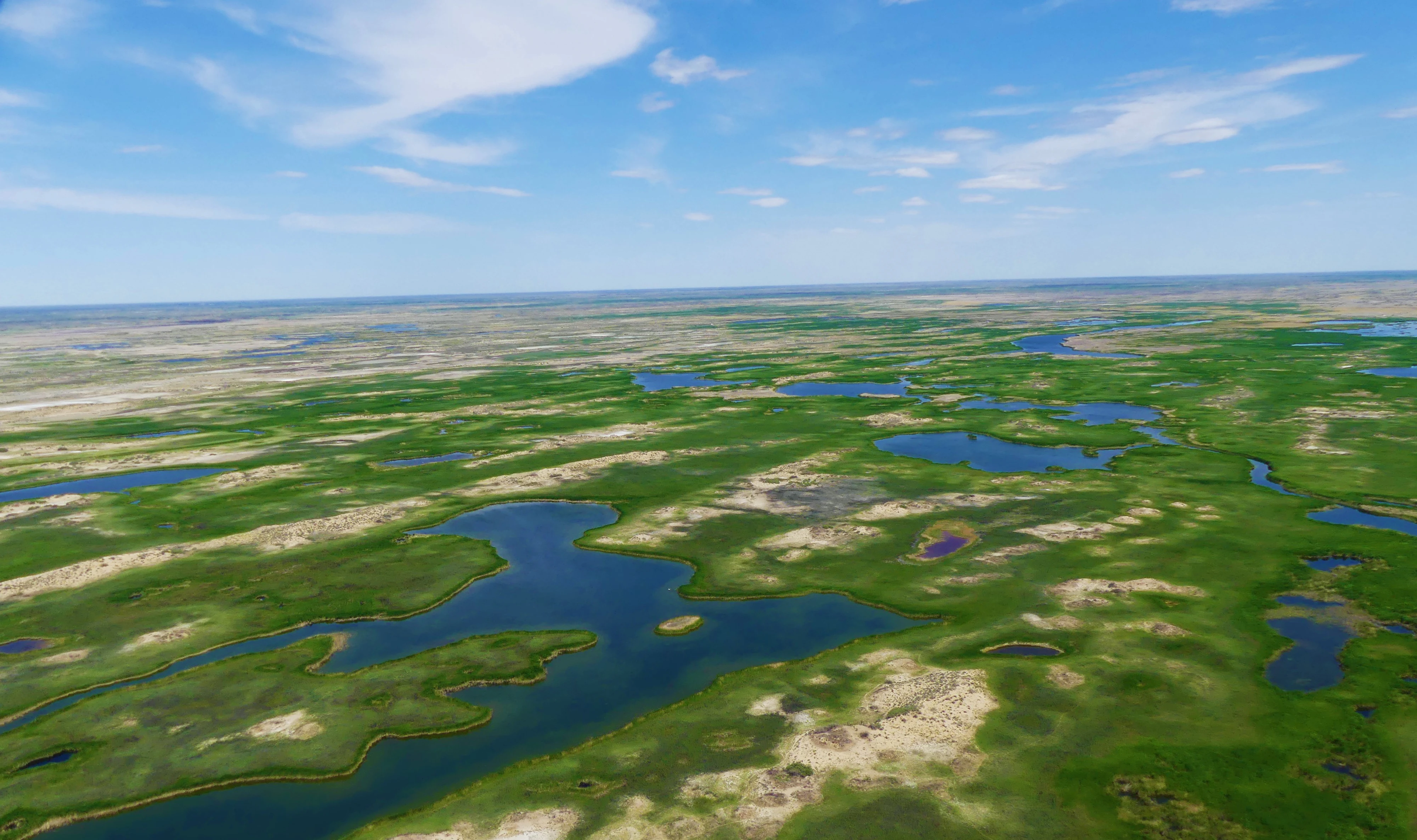 A wide aerial view of a vast, flat landscape featuring a mosaic of bright green marshland and meandering blue water bodies under a clear blue sky.