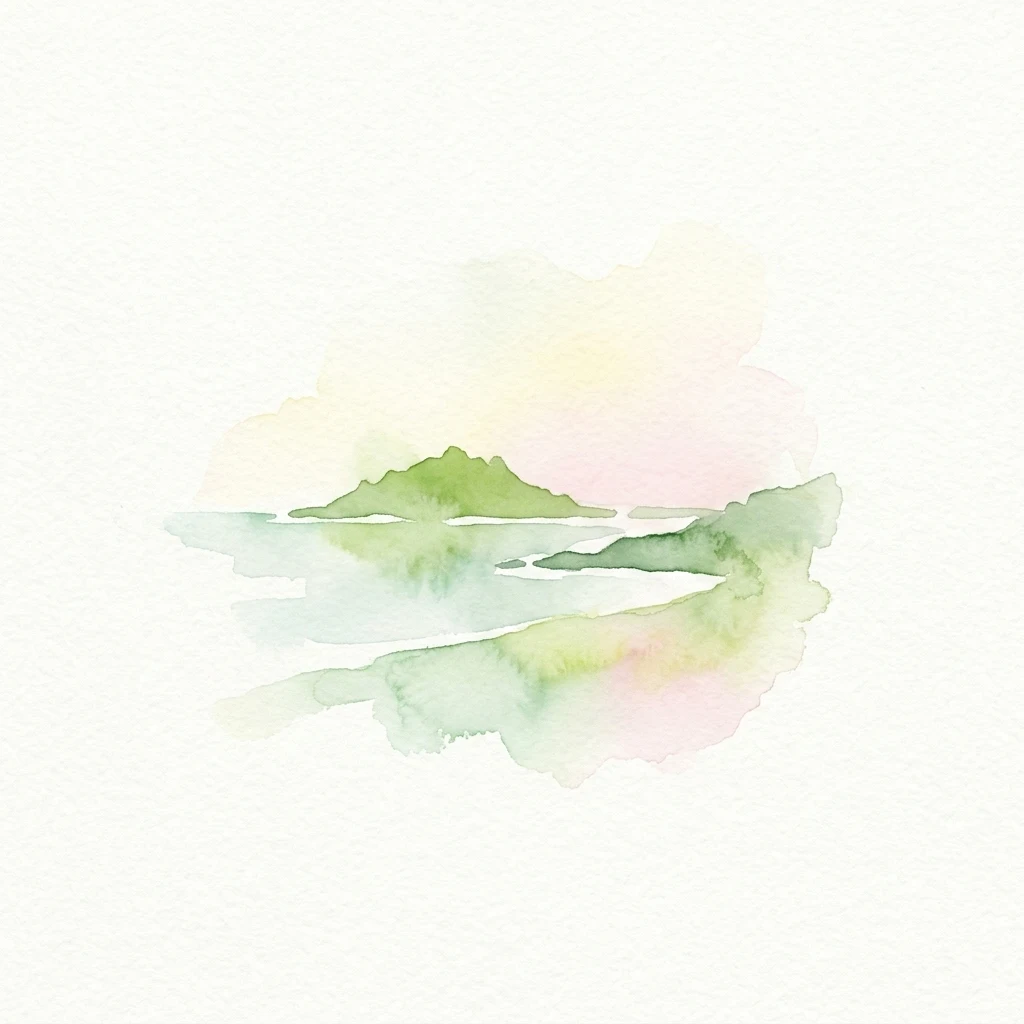 Pintura de acuarela que muestra una isla verde con reflejos en el agua