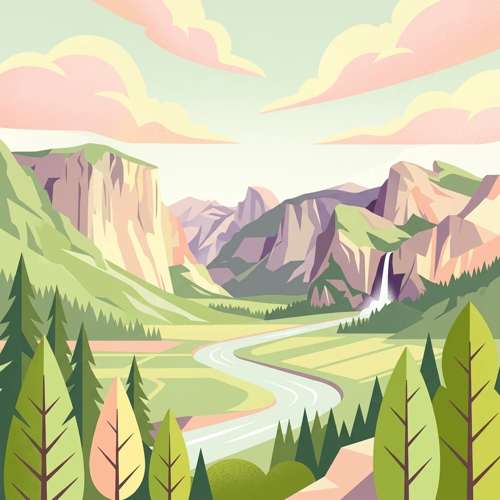 Illustrated landscape showing mountains, a winding river, dense forest, and a waterfall under a partly cloudy sky