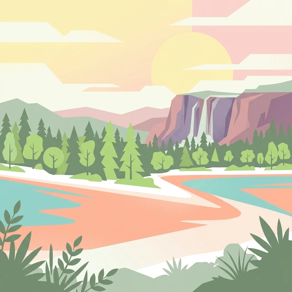 A minimalist, flat vector illustration showing a colorful island scene with a waterfall, forest, and surrounding water.