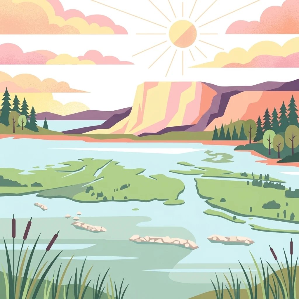 A flat-style digital illustration of a wetland landscape featuring green islands in a calm body of water, with cattails in the foreground and a large bluff in the background under a sunrise sky.