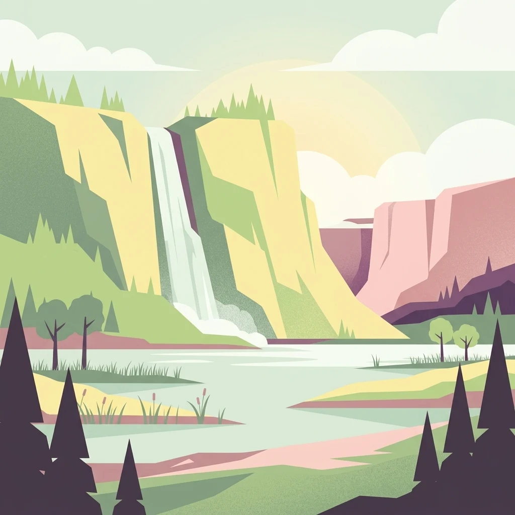 Una ilustración plana de estilo vectorial de una cascada que fluye por un acantilado hacia un lago tranquilo rodeado de bosque y marisma.