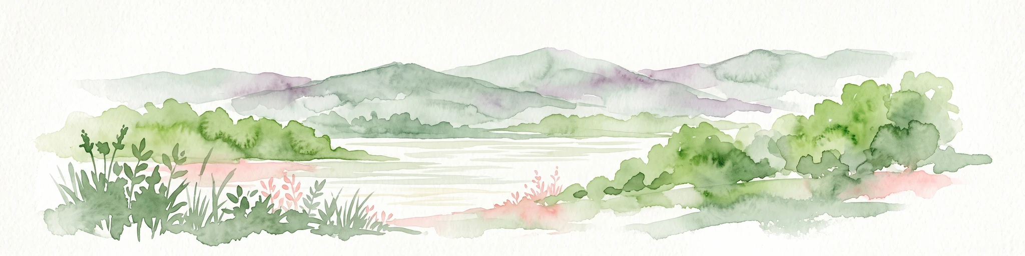 Una suave ilustración en acuarela de un paisaje de estanque con juncos verdes en primer plano, agua tranquila en el plano medio y colinas onduladas en la distancia al fondo.