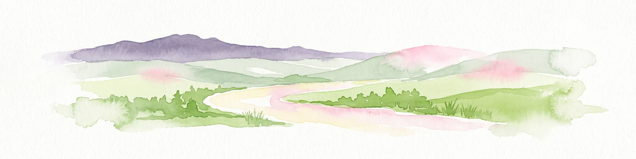 A watercolor painting showing a stylized landscape with rolling green hills, a winding path or stream, and distant purple mountains against a white background.