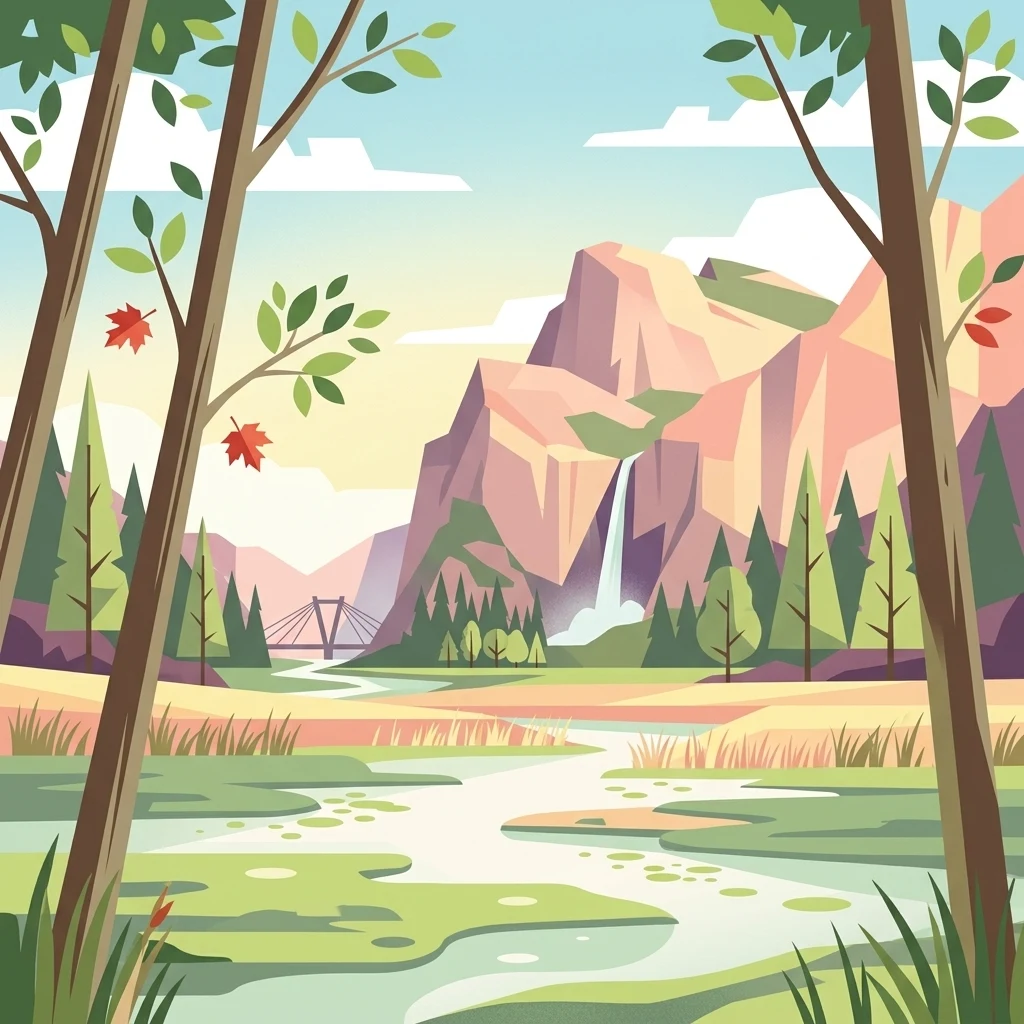 A flat-style digital illustration showing a river winding through a meadow towards a waterfall and mountain peaks in the distance, framed by two trees in the foreground.