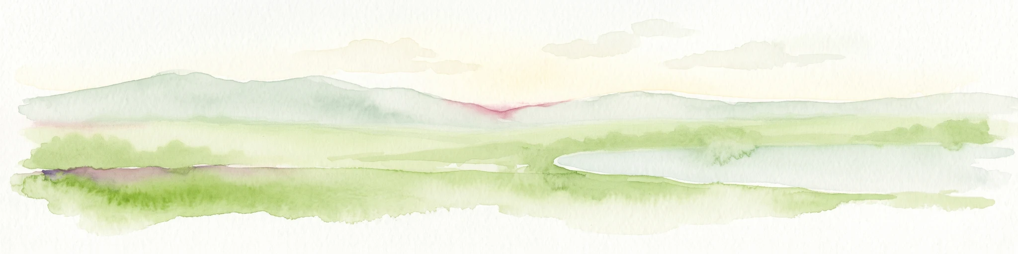 Watercolor painting of a green wetland landscape with a small body of water and soft rolling hills in the background.