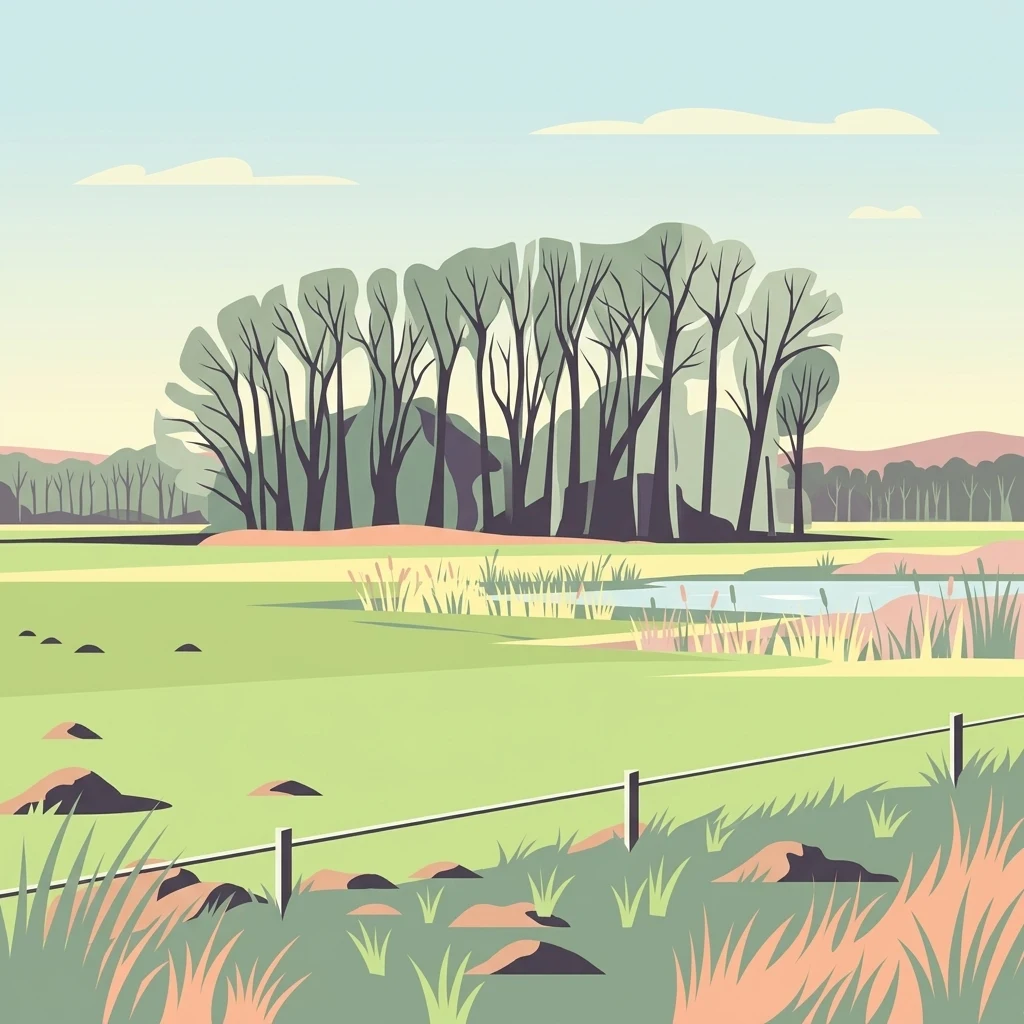 Digital vector-style illustration of a rural wetland scene with a cluster of bare trees in the midground, a small pond with reeds, and a wire fence in the foreground.
