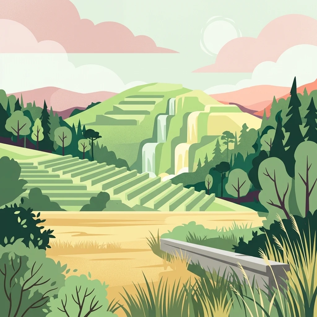 A flat-style digital illustration of a valley featuring terraced slopes, small waterfalls, lush green forests, and a low stone wall in the foreground.