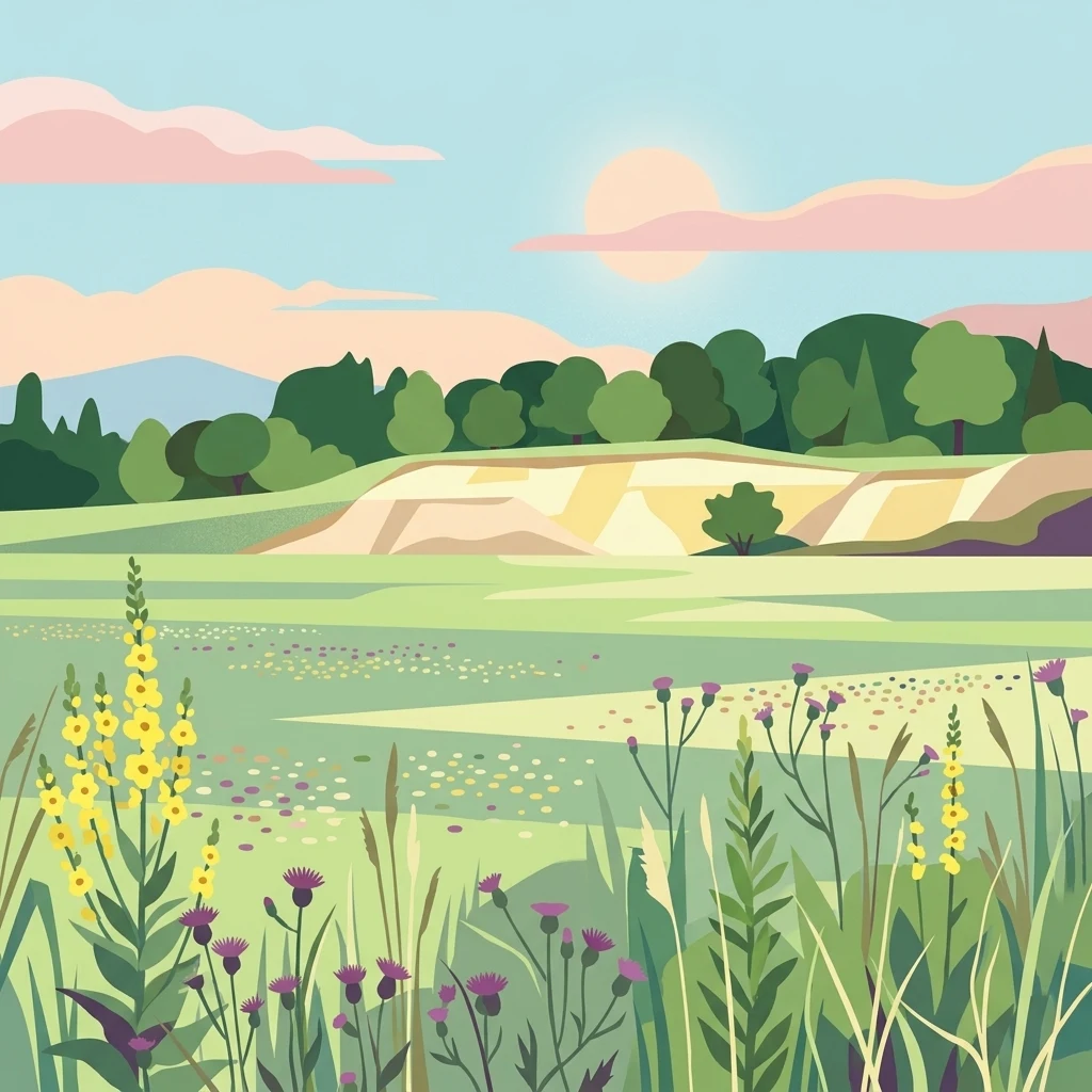 An illustration showing a semi-arid landscape with foreground wildflowers, a sandy dune, and a background of green trees under a soft sun.