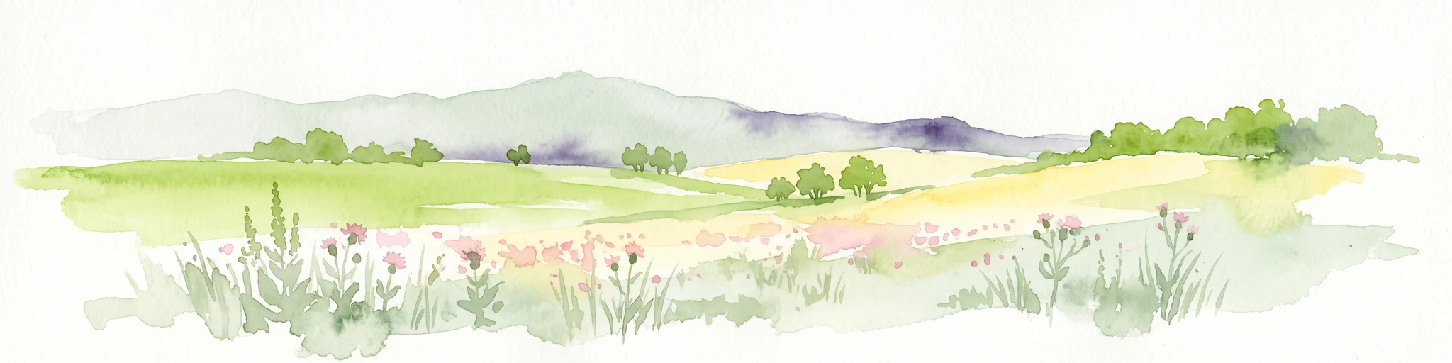 A watercolor painting showing a soft, stylized landscape of green meadows, sparse trees, and distant rolling hills against a white background.