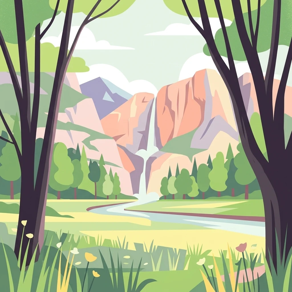A flat vector illustration of a valley between rocky cliffs with a waterfall in the distance, a winding river in the foreground, and framed by trees on the sides.