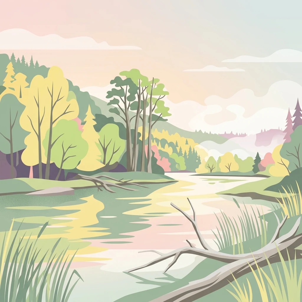 Una ilustración digital de tonos suaves que muestra un río fluyendo a través de un paisaje frondoso con árboles, hierbas y ramas caídas en primer plano.