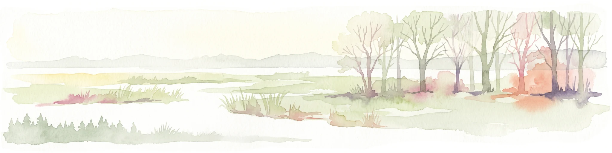 A pale, panoramic watercolor painting of a wetland landscape with a row of trees on the right side and low hills in the distance.