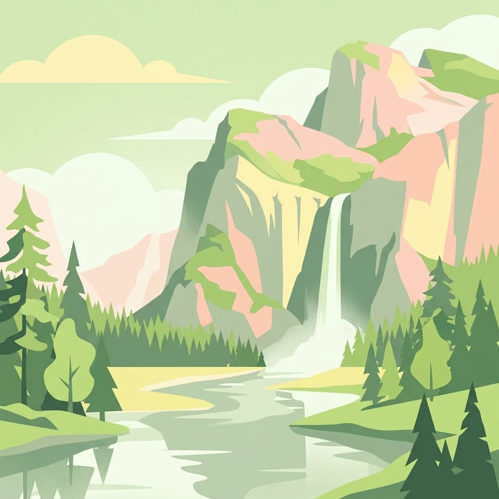 A flat vector illustration showing a tall waterfall cascading from rocky mountains into a river or lake, surrounded by coniferous forests under a pale sky.