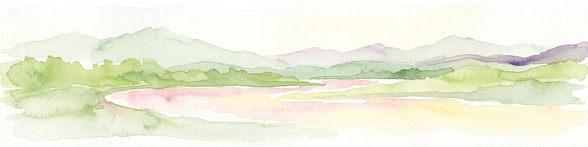 A soft, impressionistic watercolor painting of a serene landscape featuring rolling green hills, lush vegetation, and a calm, reflective lake in the foreground.