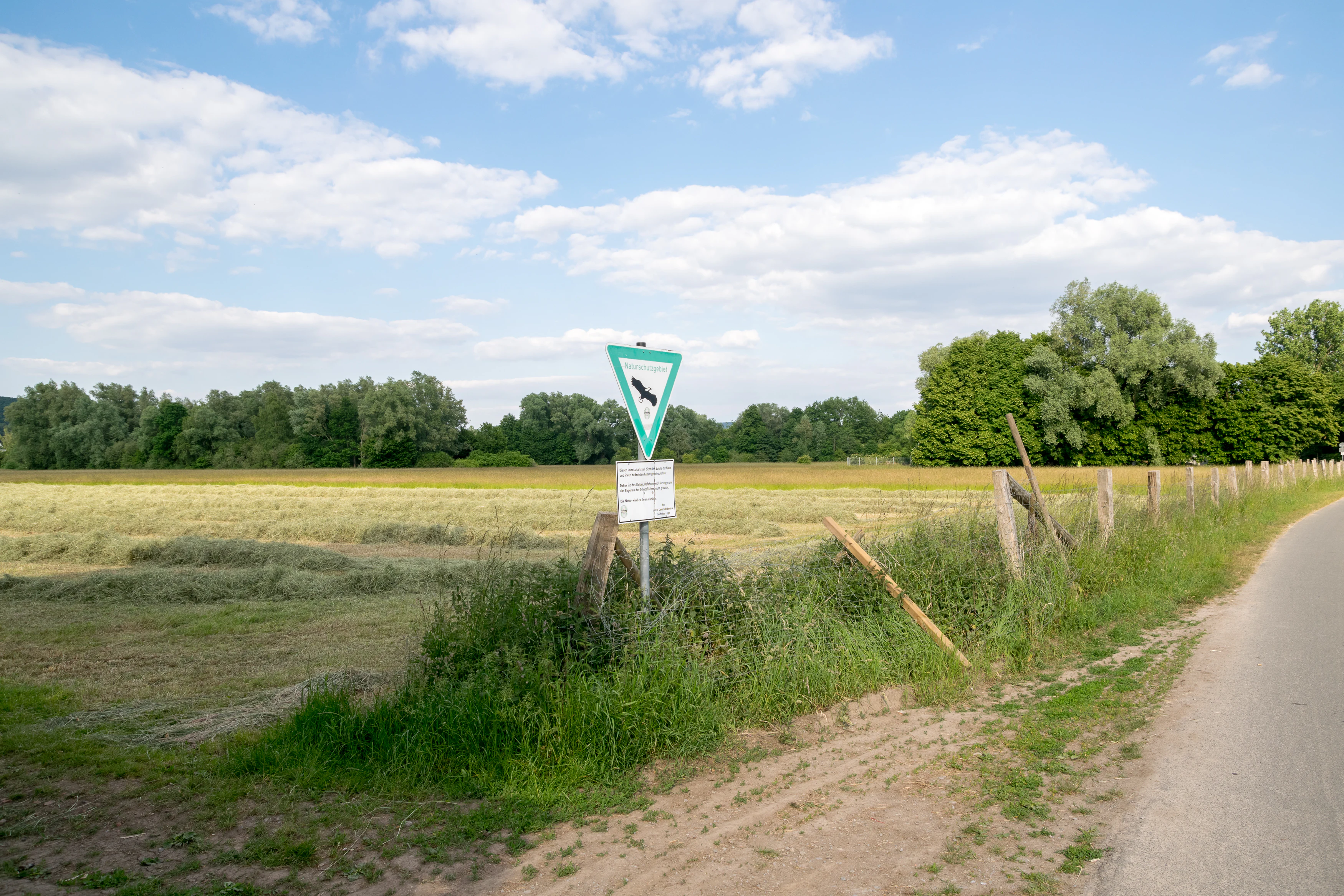 A triangular green and white nature reserve sign on a metal pole stands in a mowed meadow beside a paved path.