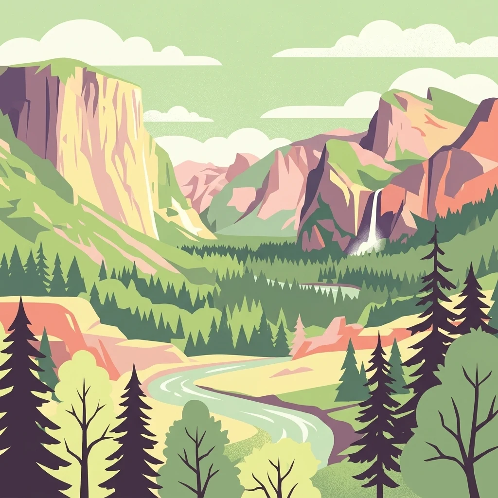 Ilustración digital de un valle pintoresco con imponentes acantilados rocosos, un bosque de árboles de hoja perenne, un río serpenteante y una cascada lejana bajo un cielo nublado.