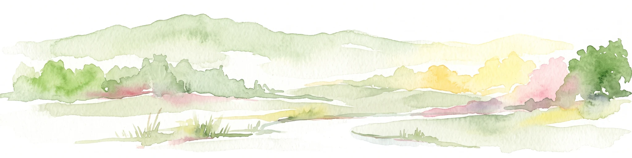 Watercolor painting of a green, rolling landscape with trees and soft hills, rendered in a minimalist, light-toned style on a white background.