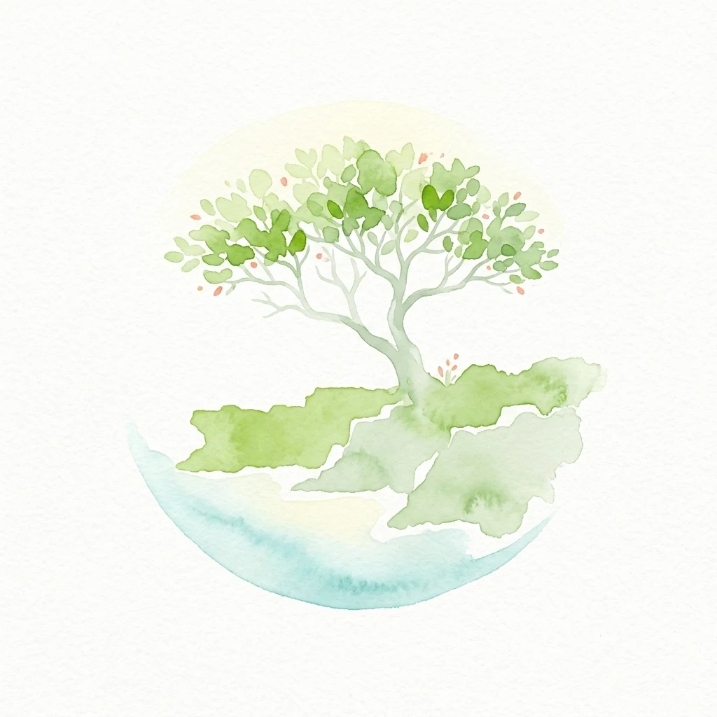 Pintura de acuarela de un árbol con hojas verdes y flores rosas sobre un fondo estilizado de masa terrestre y agua azul