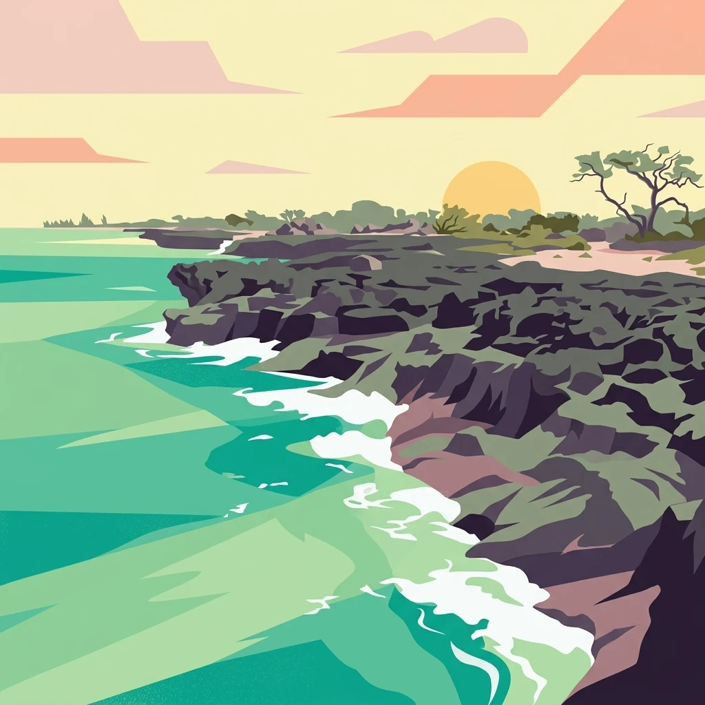 Stylized illustration of rocky coastal cliffs with turquoise ocean waves crashing against the shore under a sunset sky with layered clouds.