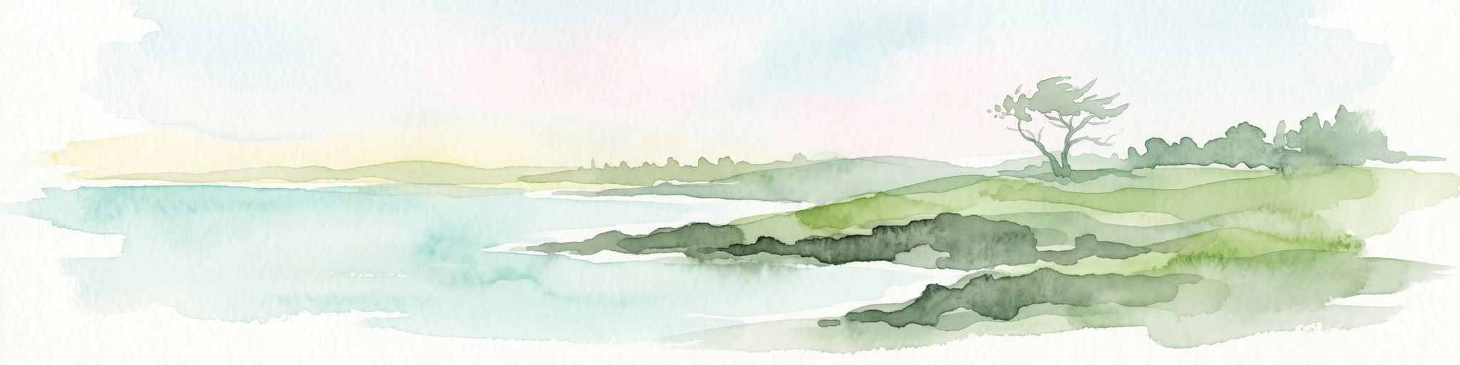 Watercolor painting of a coastline with green hills, a single tree, calm sea, and light sky