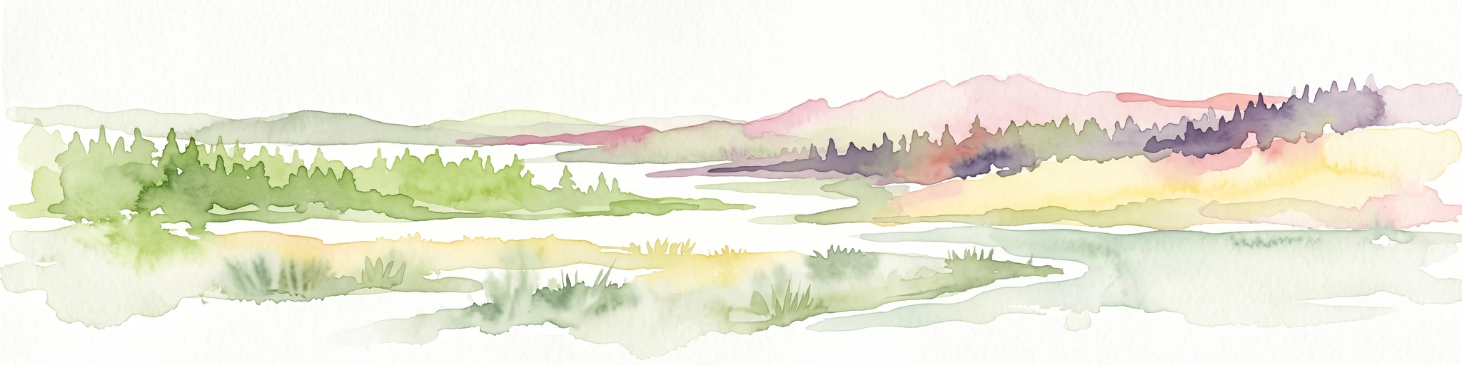 A watercolor painting showing a soft, stylized landscape of a green forested valley with distant rolling hills.