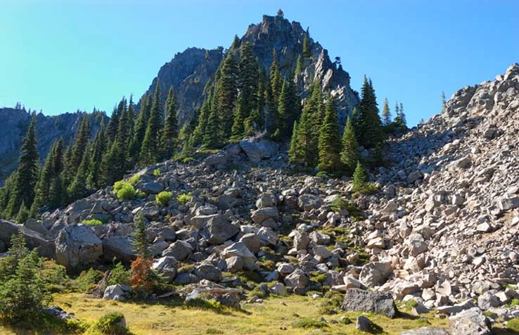 A jagged volcanic peak rises above a steep mountainside covered in a large boulder field and scattered evergreen trees under a clear blue sky.