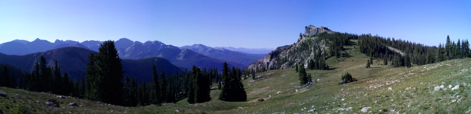 Panoramic landscape view of a rocky mountain ridgeline and alpine meadow with scattered evergreen trees under a clear blue sky.