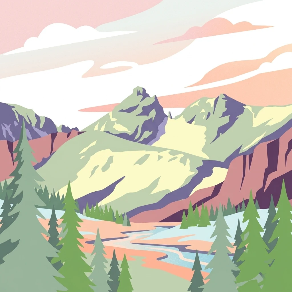 A graphic illustration of a mountain landscape with evergreen trees in the foreground, a stream winding through a valley, and rocky peaks in the background under a pastel sky.