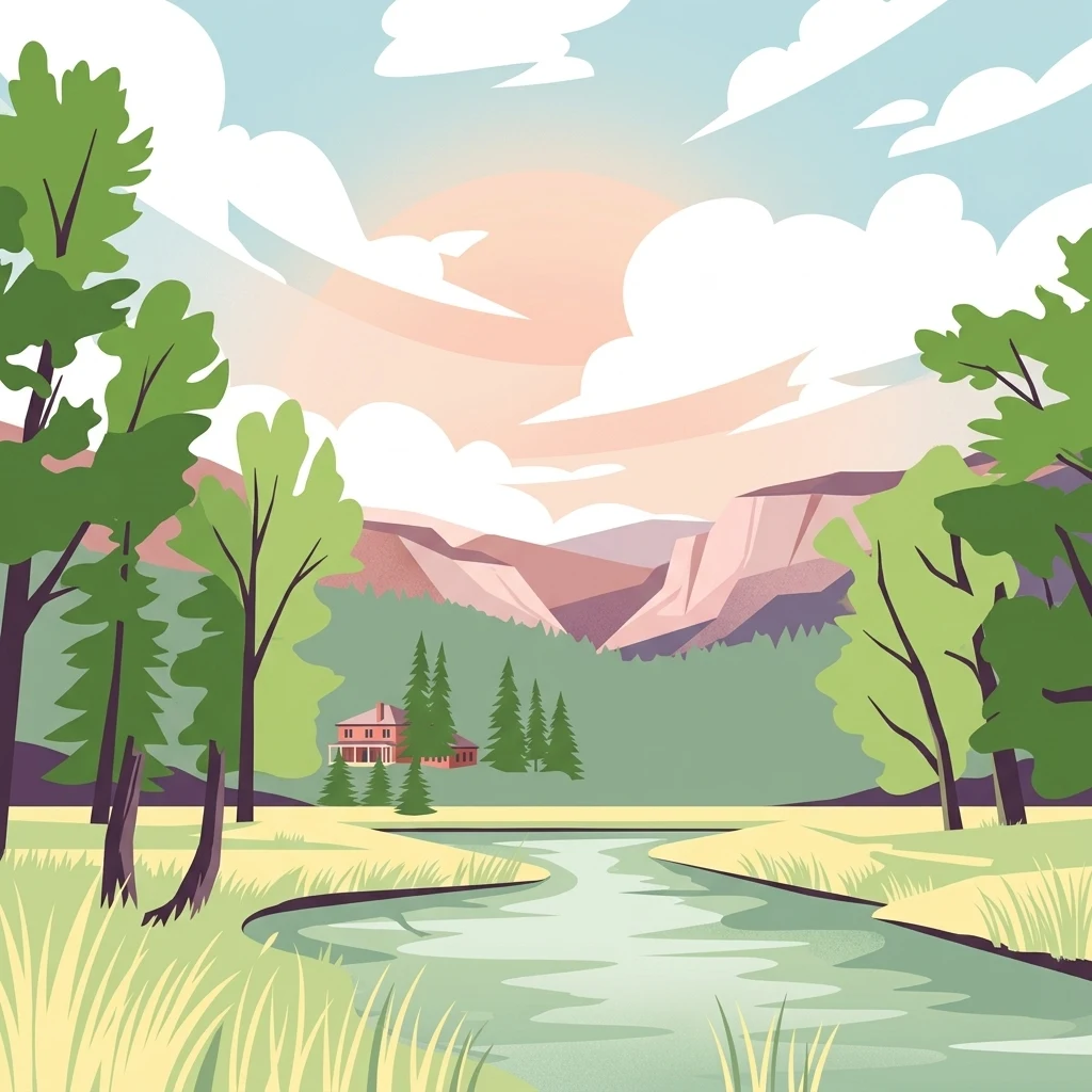 A flat-style digital illustration of a calm river flowing through a grassy valley toward distant mountains, with a small building nestled near trees under a soft, light-filled sky.