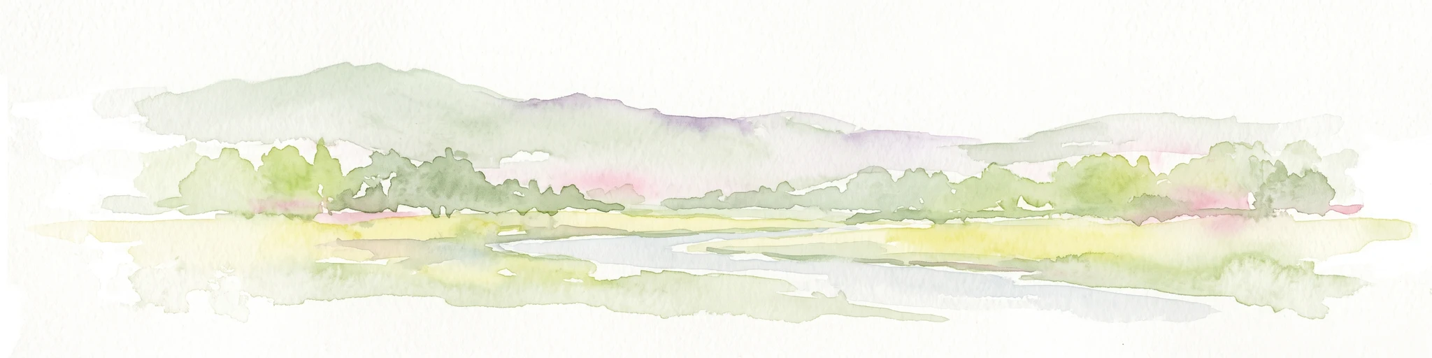 A soft watercolor illustration of a low lying river valley with trees and distant hills against a white background.