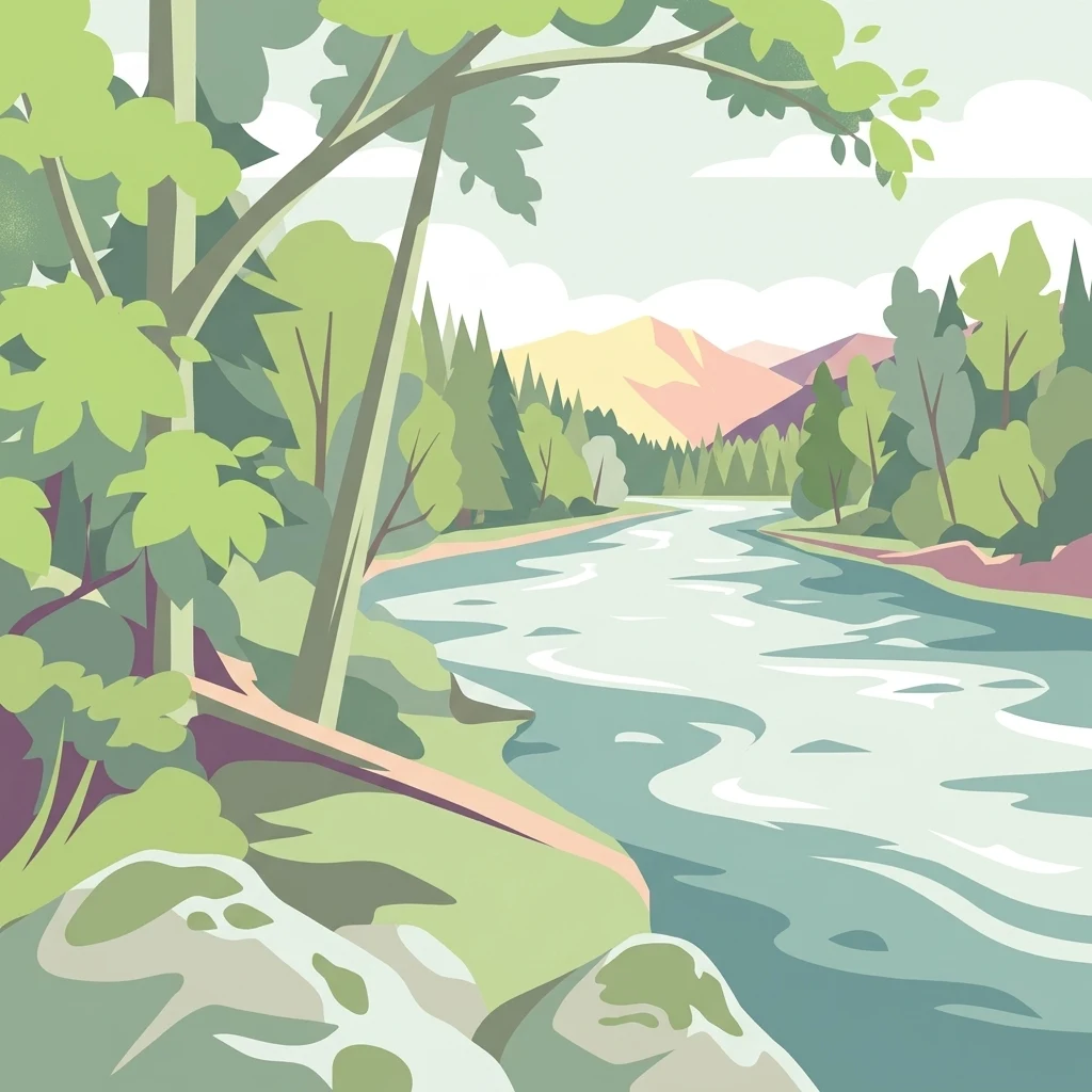 An illustration of a river winding through a lush green valley with forested riverbanks and mountains in the distance, rendered in a clean flat design style.