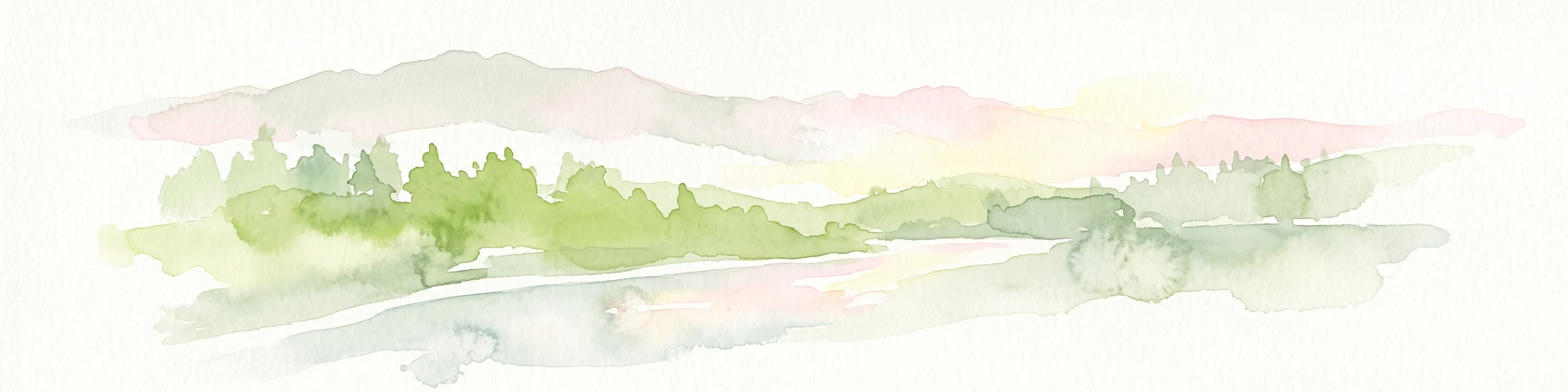 A pale, minimalist watercolor painting showing a soft green treeline along a riverbank with light mountain silhouettes in the distance.