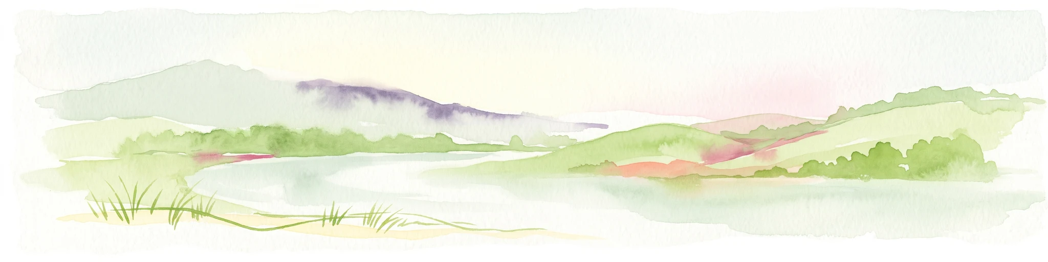 A watercolor painting showing a soft, atmospheric landscape with a river flowing through green hills and gentle, misty mountains.