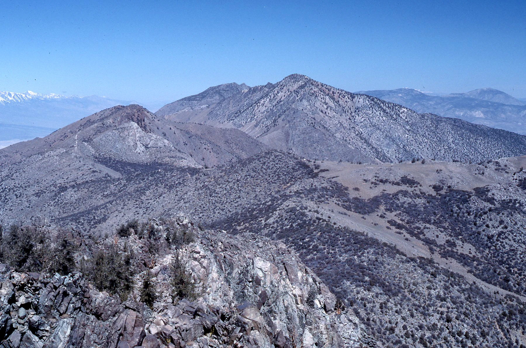 A wide, high-angle view of a rugged, arid mountain ridge line under a clear blue sky, showing multiple peaks and sparse, scrubby vegetation.